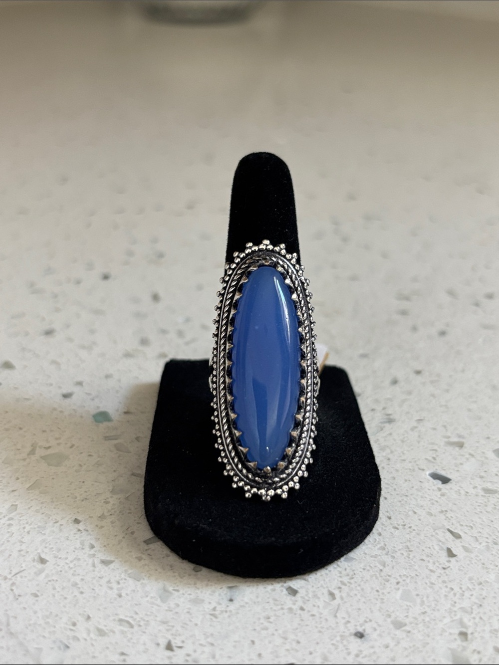 Blue Chalcedony Oval Gemstone Silver Statement Ring Size 7.5